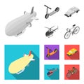 A dirigible, a children scooter, a taxi, a helicopter.Transport set collection icons in monochrome,flat style vector