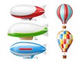 Dirigible and hot air balloons. Realistic retro aviation objects, 3d isolated zeppelins, airships, colorful sky vintage Royalty Free Stock Photo