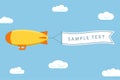 Dirigible with ribbon for message. Airship or zeppelin with banner. Flying blimp in sky with clouds. Vector. Royalty Free Stock Photo