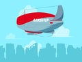 Dirigible in sky. Flying airship in clouds concept travel background illustration Royalty Free Stock Photo