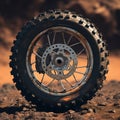 Dirt Bike Adventure: Close-Up of Knobby Wheel Ready for Off-Road Racing. Rugged Motocross Wheel on Desert Terrain. Royalty Free Stock Photo