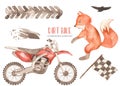 Watercolor set with dirt bike, fox racer, birds, dirt, tire track, tread, flag Royalty Free Stock Photo