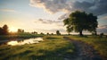 Photorealistic June Scenery With Stream And Trees On A Dirt Road