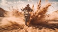 A dirt bike roaring along a dusty road, creating a swirling trail of dust