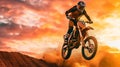 A dirt bike soaring through the air above a dusty road, defying gravity