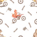Watercolor seamless pattern with dirt bikes, bear and fox racers, tire marks, mud, wheel Royalty Free Stock Photo