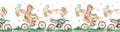Watercolor seamless border with dirt bikes, bear, rabbit, balloons, stars, races