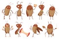 Dirt cockroach. Funny brown beetles collection. Different adorable parasites, wildlife stickers pack. Cartoon, insect