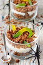 Dirt cups with gummy worms , Halloween dessert Royalty Free Stock Photo