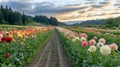 A Dirt Path Through a Field of Colorful Dahlias Under a Cloudy Sunset Sky Royalty Free Stock Photo