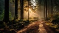 a dirt path through a forest with sun rays shining through trees