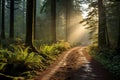 a dirt path through a forest with sunbeams shining through the trees