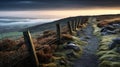 Majestic Morning: Atmospheric Landscape Photography Of A Stone Fence On English Moors Royalty Free Stock Photo