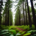 Dirt path in a pine forest with overcast sky