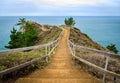 Path winds down towards the ocean on the peak of a high cliff at Muir Beach Overlook