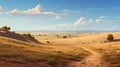 Delicately Rendered Desert Landscape With Mountains And A Dirt Road