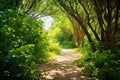 a dirt pathway surrounded by lush summer vegetation