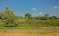 Dirt road along a peat lake in a wetland landscape trees in Kalkense Meersen nature reerve, Flanders, Belgium Royalty Free Stock Photo