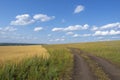 Dirt road along a yellow wheat field. Rural landscape with beautiful clouds on a blue sky Royalty Free Stock Photo