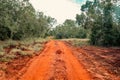 A dirt road amidst trees in Arabuko Sokoke Forest Reserves in Malindi, Kilifi County, Kenya Royalty Free Stock Photo