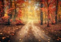 Dirt road in autumn forest in fog. Red foggy forest Royalty Free Stock Photo