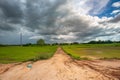 Dirt road, cloudy sky and field Royalty Free Stock Photo
