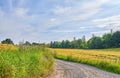 Dirt, road with country landscape and travel, green and nature with direction, destination and open field. Blue sky Royalty Free Stock Photo