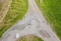 Dirt road crossroads seen from above. Royalty Free Stock Photo