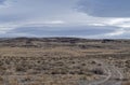 A dirt road curves through a desert ranch in western Nevada, USA