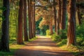 A dirt road cutting through a dense forest of towering pine trees, offering a picturesque and serene pathway, Sun-dappled pathway Royalty Free Stock Photo