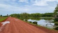 Dirt road in a flooded area, with cars, buffaloes, horses and people Royalty Free Stock Photo