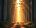 Dirt road in forest with tall trees and green grass. Sunlight shines through branches, creates beams of light, illuminates path. Royalty Free Stock Photo