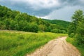 dirt road through forested countryside