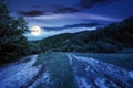 Dirt road through forested countryside at night