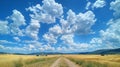 a dirt road going through a field with clouds in the sky