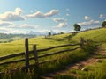 A dirt road through a grassy field with a fence