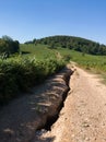 Dirt road through hilly landscape of Manjaca mountain overgrown with forests near Banja Luka, Bosnia and Herzegovina