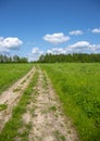 A dirt road leading into fields under a blue cloudy sky. Royalty Free Stock Photo