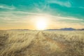 A dirt road leading off into the distance to mountains on the horizon under a clear blue sky