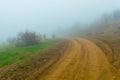 Dirt road leading into thick fog. Autumn landscape on a foggy da Royalty Free Stock Photo