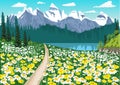 Dirt road in the middle of the chamomile field leading to a mountain lake