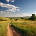 Dirt road in middle of an open field, surrounded by green grass and trees. A car is driving down this dusty path, creating trail Royalty Free Stock Photo