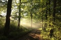 dirt road through a misty spring forest at dawn path through an spring deciduous forest in the sunshine the morning fog surrounds