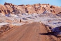 Dirt road in the Moon valley in Atacama desert near San Pedro de Atacama, Chile. Royalty Free Stock Photo