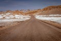 Dirt road in Moon Valley dramatic landscape at Sunset, Atacama Desert, Chile Royalty Free Stock Photo