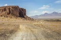 Dirt road in Moon Valley dramatic landscape at Sunset, Atacama Desert, Chile Royalty Free Stock Photo