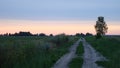 Dirt road in an open field at sunset on a summer day. The sun sheds a parting light on the sky, which turns pink. The field was Royalty Free Stock Photo