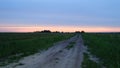 Dirt road in an open field at sunset on a summer day. The sun sheds a parting light on the sky, which turns pink. The field was Royalty Free Stock Photo