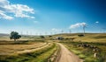 Dirt Road Passing Through Field With Windmills in Background Royalty Free Stock Photo