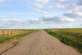 A dirt road through a pasture, green and crop agricultural fields. The blue cloudy sky before the rain. Quiet Summer landscape Royalty Free Stock Photo